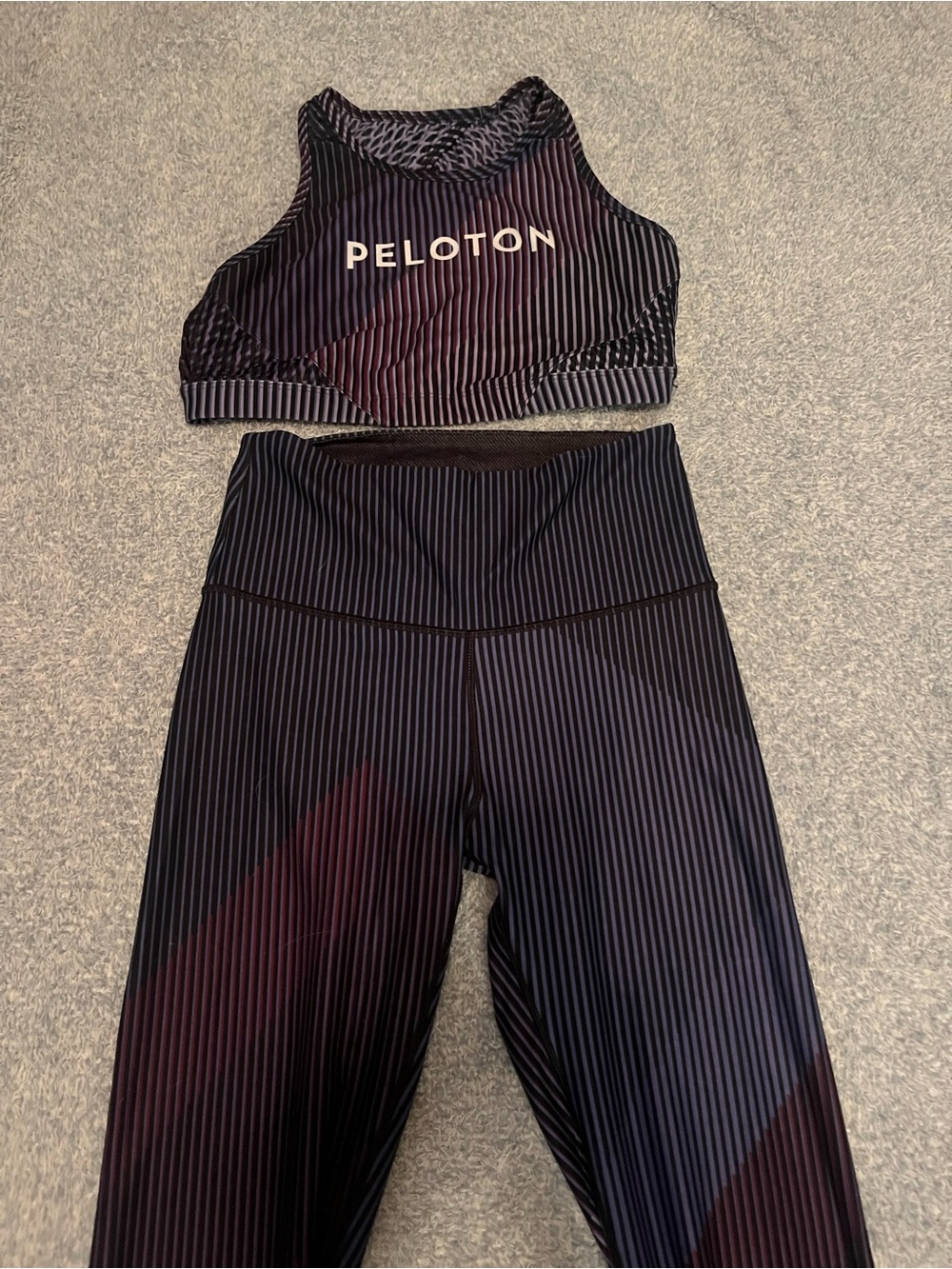 Peloton purple Pinstripe woman’s Leggings and sports bra